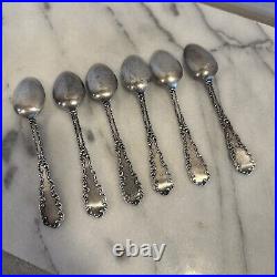 Set Of 6 Antique Sterling Silver Waverly Pattern Dessert Spoons JKM & V Marked