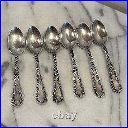 Set Of 6 Antique Sterling Silver Waverly Pattern Dessert Spoons JKM & V Marked