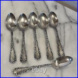 Set Of 6 Antique Sterling Silver Waverly Pattern Dessert Spoons JKM & V Marked