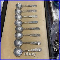 Set Of 8 Antique Chinese Hand Made Sterling Silver Spoons With Makers Mark