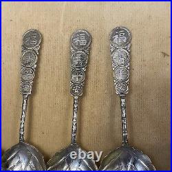 Set Of 8 Antique Chinese Hand Made Sterling Silver Spoons With Makers Mark