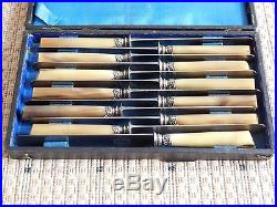 Set of 12 Old French knives horn handles sterling silver ferrules mark TD PARIS