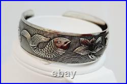 Silver Carp Koi Fish Cuff Bracelet Marked 925 3/4 Wide