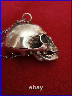 Solid 925 Marked Sterling Silver Skull Pill Box On Albert Pocket Watch Chain
