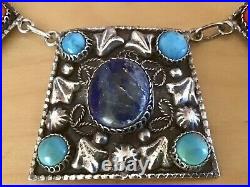 Solid Silver Multi Gem Ethnic Panel Necklace Egyptian Revival H'marked 56g