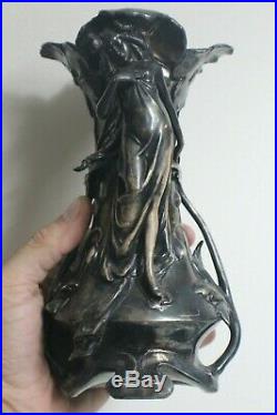 Spectacular Art Nouveau Sterling Silver Over Porcelain Lady Vase Marked
