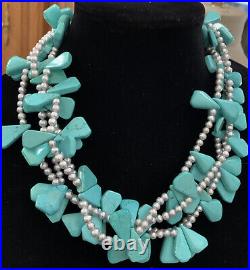 Statement necklace turquoise dyed Howelite pearl 925 sterling 16-19 WOW QVC