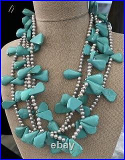 Statement necklace turquoise dyed Howelite pearl 925 sterling 16-19 WOW QVC