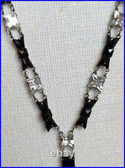 Sterling Art Deco Crystal Black Onyx Bow Tie Y-Drop Necklace Maker Mark plz read