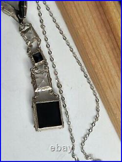 Sterling Art Deco Crystal Black Onyx Bow Tie Y-Drop Necklace Maker Mark plz read