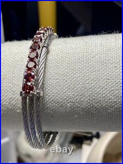 Sterling Silver 925 Garnet Cable Cuff Bracelet Larger Size Maker Marked DK