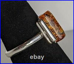 Sterling Silver Amber Ring Cylinder Uniquely Set In Tree Branch 3.4g Sz 7 Signed