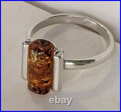 Sterling Silver Amber Ring Cylinder Uniquely Set In Tree Branch 3.4g Sz 7 Signed