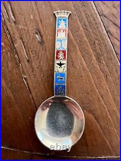 Sterling Silver Antique Tea Caddy Spoon with Enameling with Heraldry Marked 925