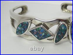 Sterling Silver Bangle Bracelet with Mosaic Art Glass Genstones Marked WK, 7.5