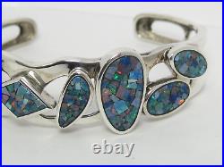 Sterling Silver Bangle Bracelet with Mosaic Art Glass Genstones Marked WK, 7.5