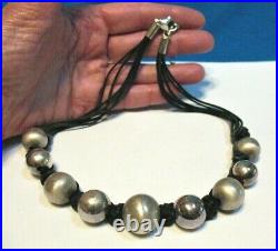Sterling Silver Black Leather Necklace Large Beads Marked Italy 16 25 Grams