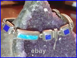 Sterling Silver & Blue Lapis & Turquoise Panel Bracelet Marked 925LT Thailand