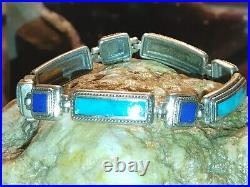 Sterling Silver & Blue Lapis & Turquoise Panel Bracelet Marked 925LT Thailand