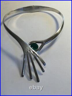 Sterling Silver Collar Necklace with Natural Green Malachite, marked