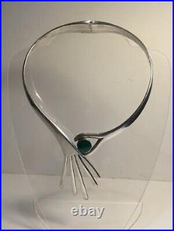 Sterling Silver Collar Necklace with Natural Green Malachite, marked