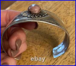 Sterling Silver Cuff bracelet 925 PINK STONE LG adjustable marked Rhodonite
