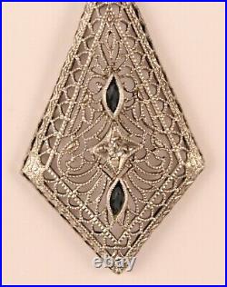 Sterling Silver Deco Style Filigree White Saphire Pendant Necklace