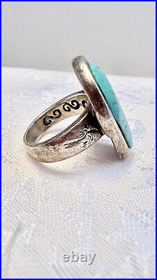 Sterling Silver Detailed Large Turquoise Ring Size 9 Marked 925