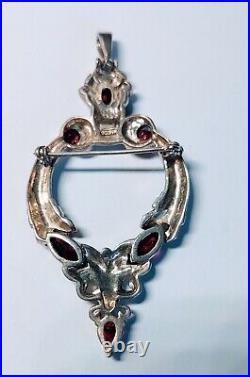 Sterling Silver Garnet Marcasite Pendant Pin Brooch Art Deco Regal VTG