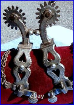 Sterling Silver Inlay Double Heart marked Horse Cowboy Spurs Leather Straps
