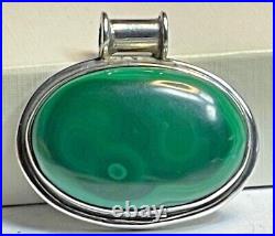 Sterling Silver Large Malachite Oval Cabochon Pendant Marked 925 CA