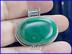 Sterling Silver Large Malachite Oval Cabochon Pendant Marked 925 CA