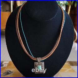 Sterling Silver Leather And Turquoise Necklace Marked 925 Estate