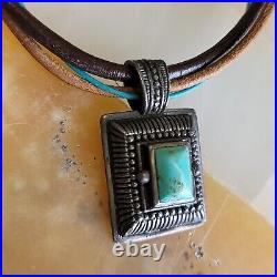 Sterling Silver Leather And Turquoise Necklace Marked 925 Estate