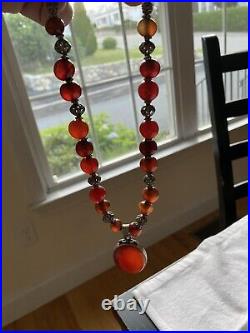 Sterling Silver Marked 925 Ethnographic Carnelian Necklace With Pendant 15inch