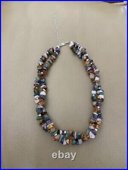 Sterling Silver Marked 925 Genuine Multi Gemstone Chip Double Strand Necklace