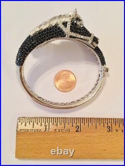 Sterling Silver Marked 925 Pave Black Spinel Rhinestone Horse Bangle Bracelet