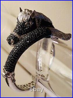 Sterling Silver Marked 925 Pave Black Spinel Rhinestone Horse Bangle Bracelet