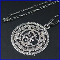 Sterling Silver Marked MS Etched Cut Out Medallion Large Vintage Necklace