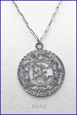 Sterling Silver Marked MS Etched Cut Out Medallion Large Vintage Necklace