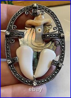 Sterling Silver Marked Mother Of Pearl Woman Brooch Large See Photos