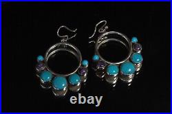 Sterling Silver Marked Turquoise Amethyst Southwest Dangle Earrings