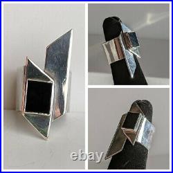 Sterling Silver Modernist Ring Obsidian Squared Band Pointy 8.8g Sz 4.5 Signed