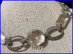 Sterling Silver Natural Clear Stone marcasite Circle Station necklace Marked 16