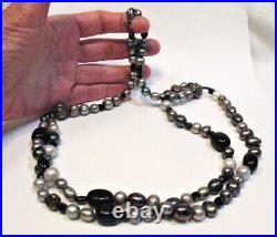 Sterling Silver Pearl Black Bead Necklace Multi Colored Gray Marked Tea Rose