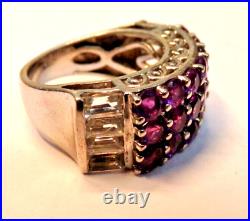 Sterling Silver Ring Marked 925 7 rows purple stones and baguette stones 5.25