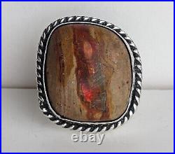 Sterling Silver Ring Opalized Petrified Wood with Fire 8g Sz 5.75 Signed