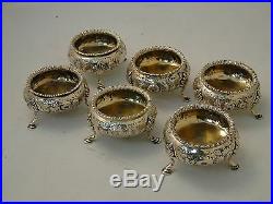 Sterling Silver Salts Set Of 6 Chased And Engraved, Fully Marked London 1858