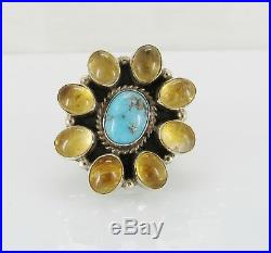 Sterling Silver Turquoise and Amber Ring, marked Bennie Ration