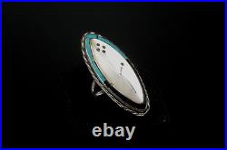 Sterling Silver Zuni Marked JE Flower Inlay MOP Turquoise Onyx Elongated Ring